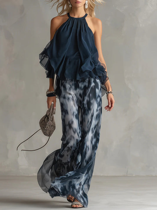 ENSEMBLE™ MARINE TOP DOS NU ET PANTALON LARGE IMPRIMÉ