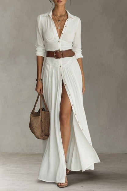 ROBE LONGUE POUR FEMME AVEC COL À REVERS ET MANCHES LONGUES EN LIN