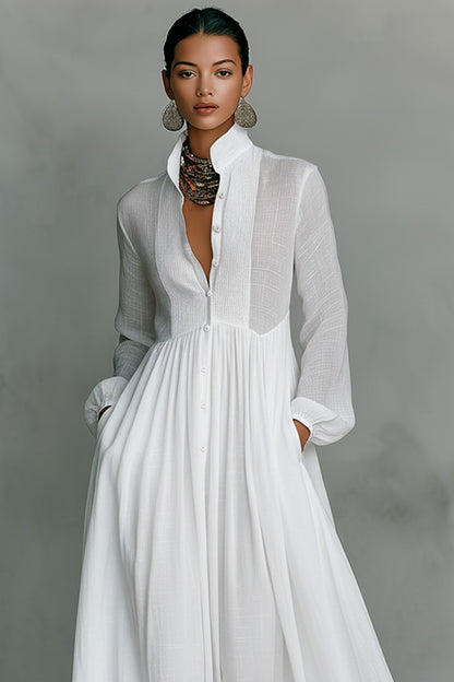 ROBE MAXI MINIMALISTE EN COTON ET LIN AVEC PATCHWORK, COL MONTANT ET MANCHES LONGUES