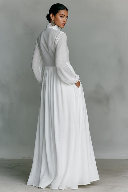 ROBE MAXI MINIMALISTE EN COTON ET LIN AVEC PATCHWORK, COL MONTANT ET MANCHES LONGUES