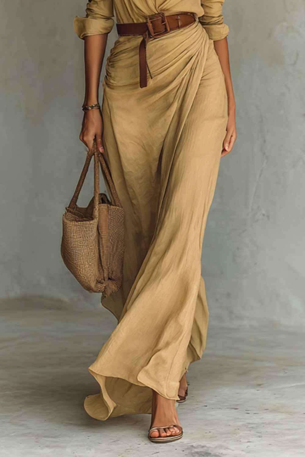 ROBE MAXI LONGUE AVEC COL À REVERS ET MANCHES LONGUES POUR FEMME