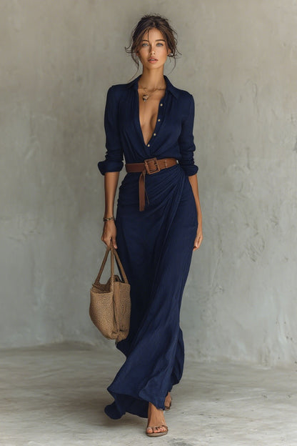 ROBE MAXI LONGUE AVEC COL À REVERS ET MANCHES LONGUES POUR FEMME