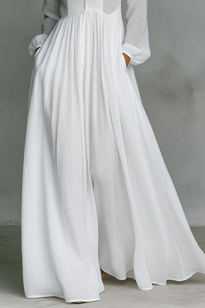 ROBE MAXI MINIMALISTE EN COTON ET LIN AVEC PATCHWORK, COL MONTANT ET MANCHES LONGUES