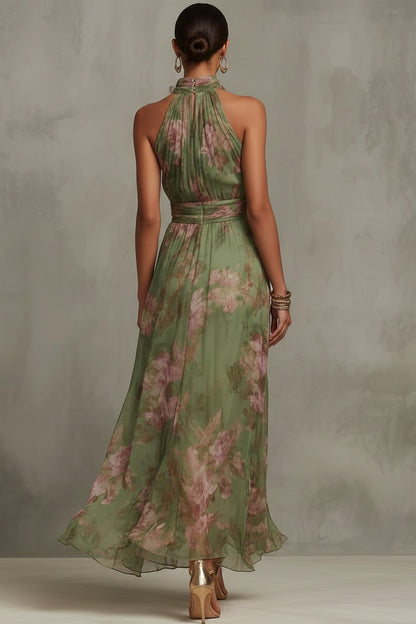 SERENA ∙ ROBE LONGUE VERTE À FLEURS EN MOUSSELINE AVEC COL LICOU