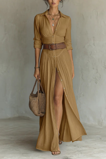 ROBE LONGUE POUR FEMME AVEC COL À REVERS ET MANCHES LONGUES EN LIN