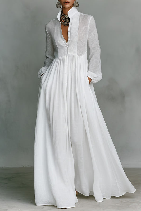 ROBE MAXI MINIMALISTE EN COTON ET LIN AVEC PATCHWORK, COL MONTANT ET MANCHES LONGUES