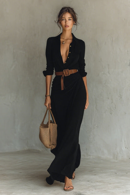 ROBE MAXI LONGUE AVEC COL À REVERS ET MANCHES LONGUES POUR FEMME