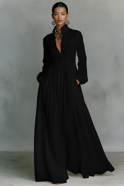 ROBE MAXI MINIMALISTE EN COTON ET LIN AVEC PATCHWORK, COL MONTANT ET MANCHES LONGUES