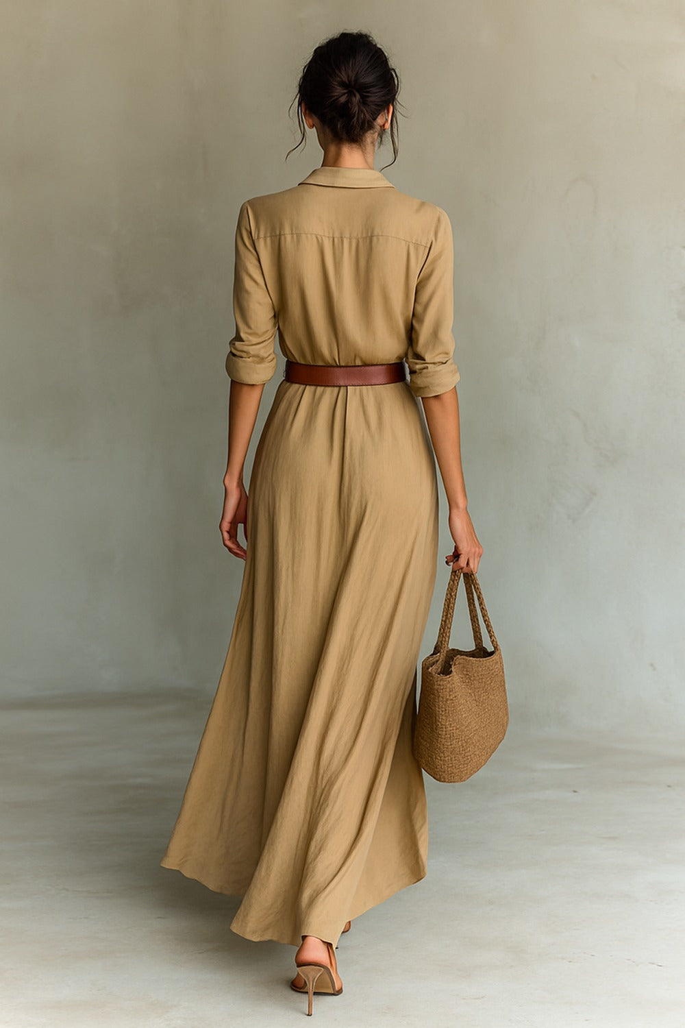 ROBE MAXI LONGUE AVEC COL À REVERS ET MANCHES LONGUES POUR FEMME