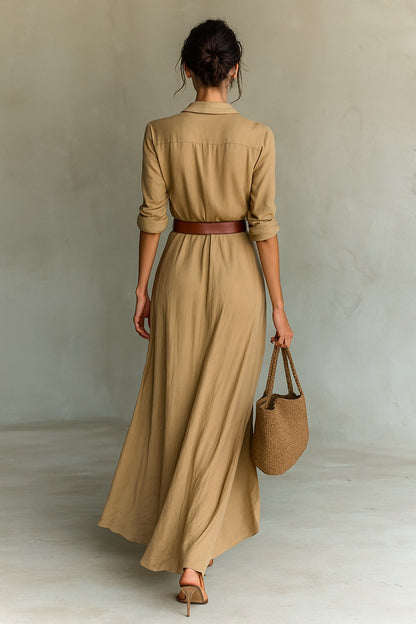 ROBE MAXI LONGUE AVEC COL À REVERS ET MANCHES LONGUES POUR FEMME