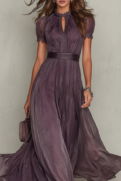 FLAVIA - ROBE LONGUE VIOLETTE AVEC ENCOLURE GOUTTE ET BORDURE EN DENTELLE DE MOUSSELINE